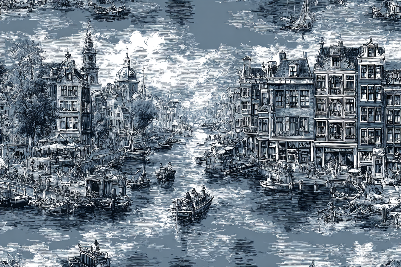 Blau Kanalszene Mit Gebäuden Boote Und Menschen Monochrom Blau | Petrol Maritim Delfter Blau | Farbenwelten