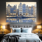 Blue Canal Scene Dutch Buildings Boats Reflections Stylized Illustration