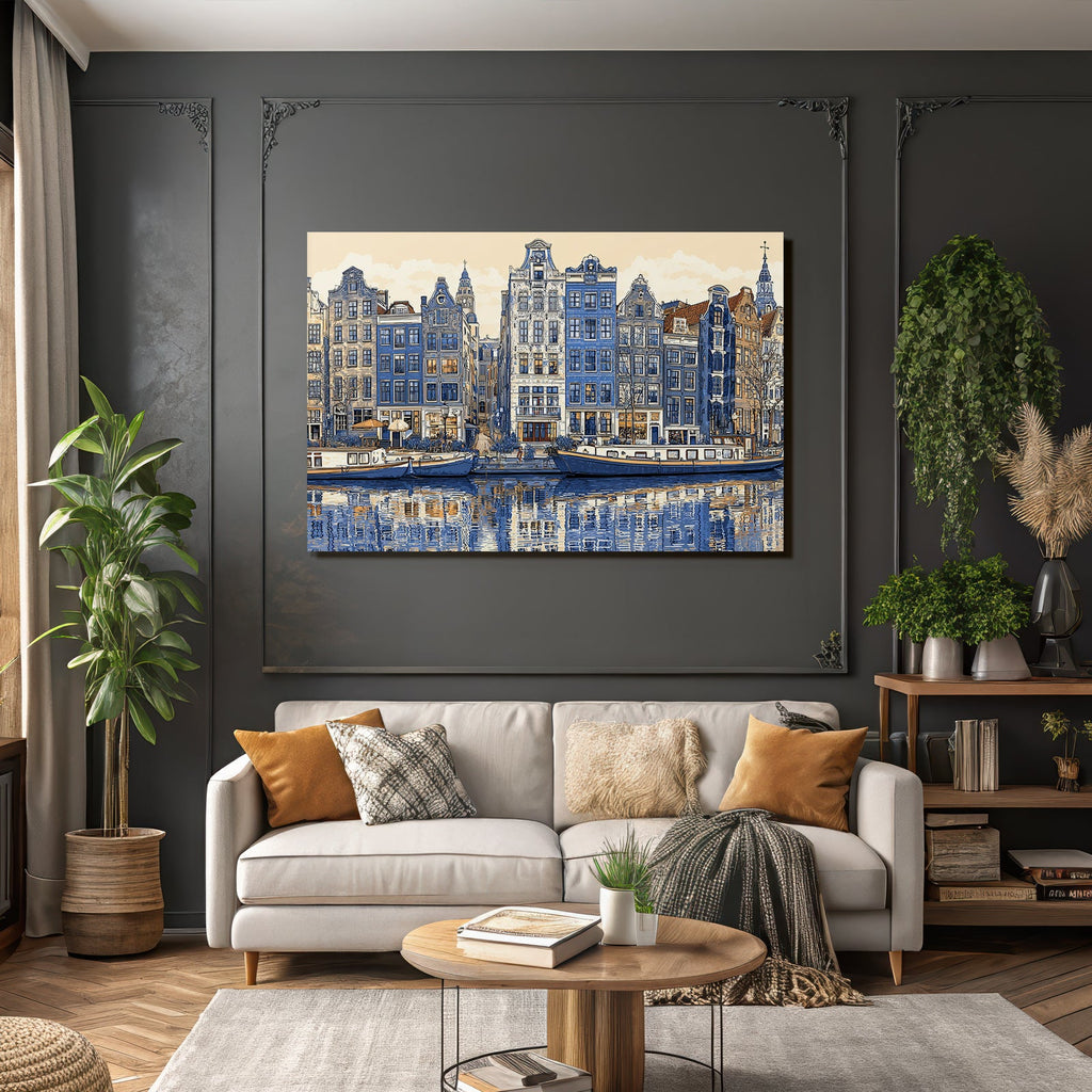 Blue Canal Scene Dutch Buildings Boats Reflections Stylized Illustration