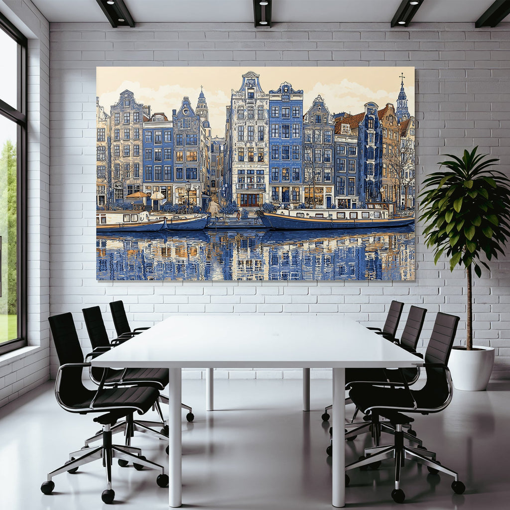 Blue Canal Scene Dutch Buildings Boats Reflections Stylized Illustration