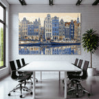 Blue Canal Scene Dutch Buildings Boats Reflections Stylized Illustration