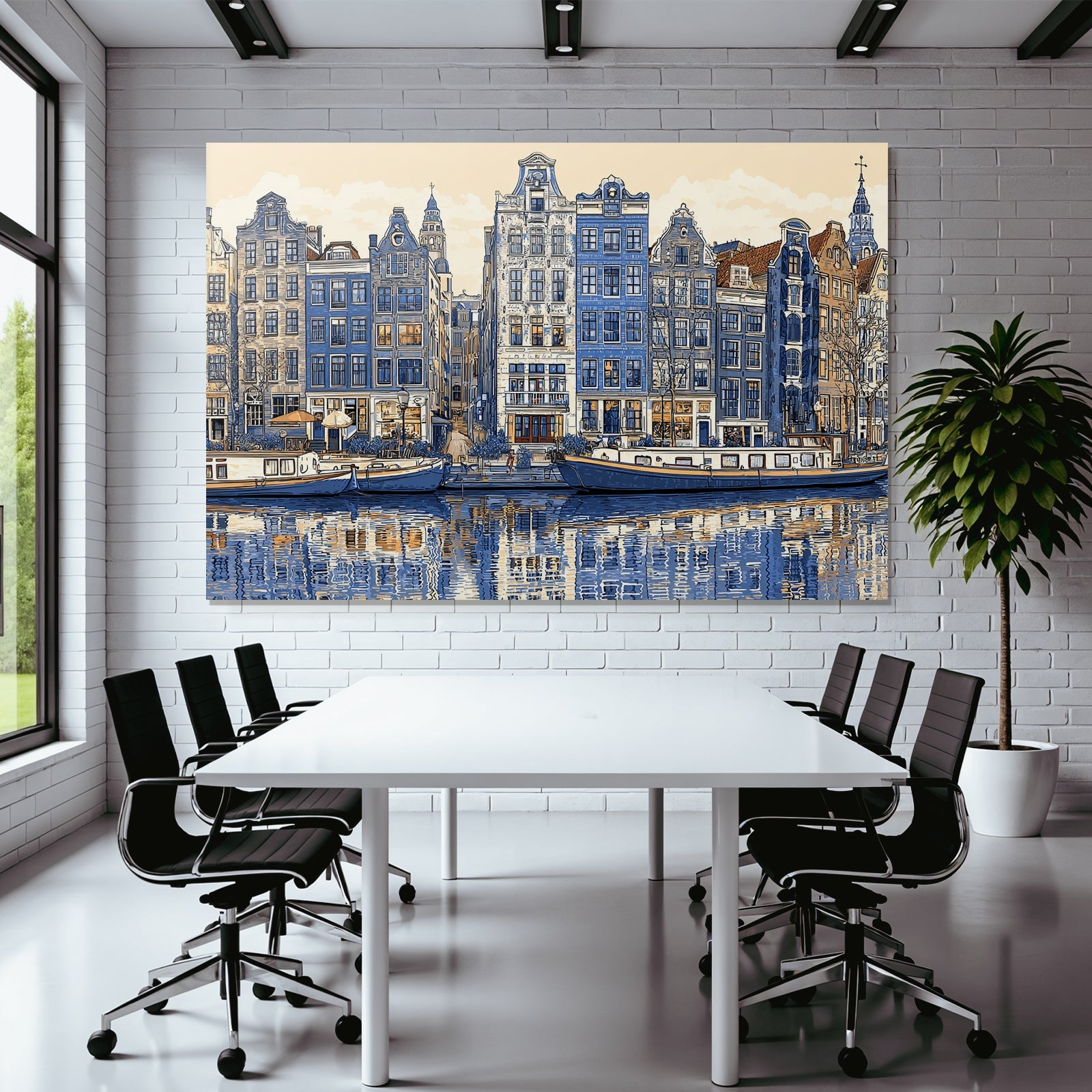Blau Kanalszene Niederländische Gebäude Boote Reflexionen Stilisierte Illustration