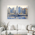 Blue Canal Scene Dutch Buildings Boats Reflections Stylized Illustration