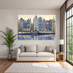 Blue Canal Scene Dutch Buildings Boats Reflections Stylized Illustration
