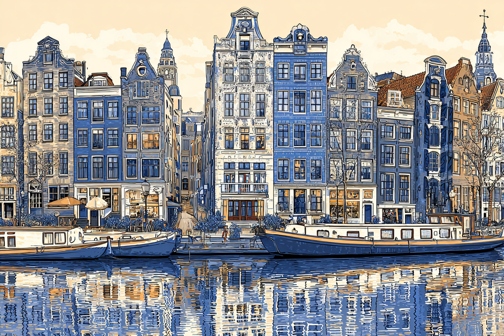 Blau Kanalszene Niederländische Gebäude Boote Reflexionen Stilisierte Illustration | Petrol Maritim Delfter Blau | Farbenwelten