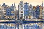 Blau Kanalszene Niederländische Gebäude Boote Reflexionen Stilisierte Illustration | Petrol Maritim Delfter Blau | Farbenwelten