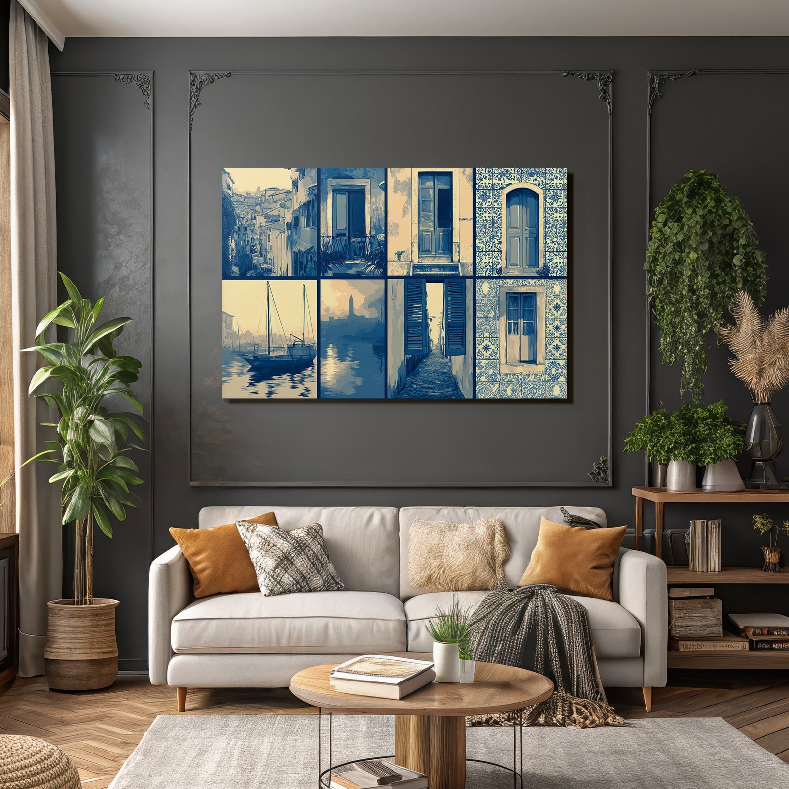 Blau Kollage Architektonische Elemente Hafen Szene Blau Beige
