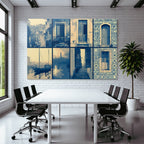 Blau Kollage Architektonische Elemente Hafen Szene Blau Beige