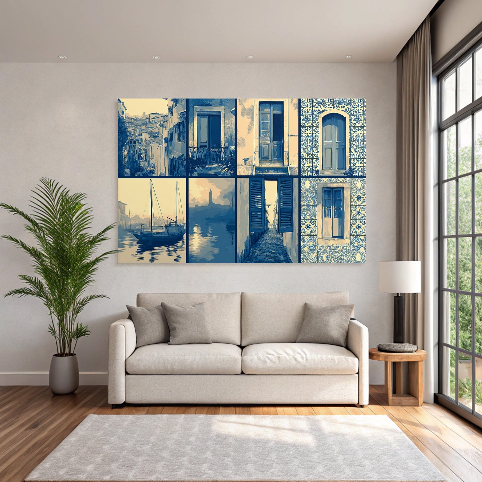 Blau Kollage Architektonische Elemente Hafen Szene Blau Beige