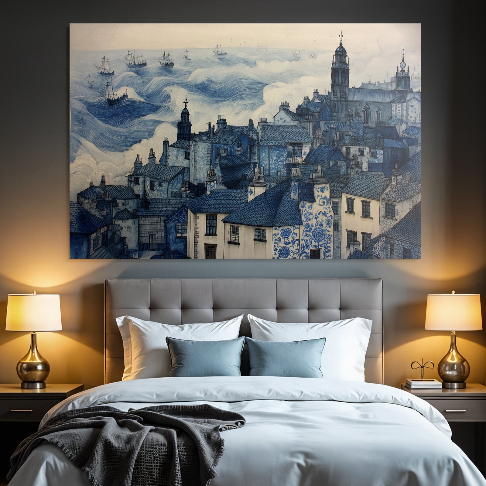 Blau Küstendorf Häuser Meer Schiffe Illustration Blautöne