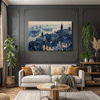 Blau Küstendorf Häuser Meer Schiffe Illustration Blautöne