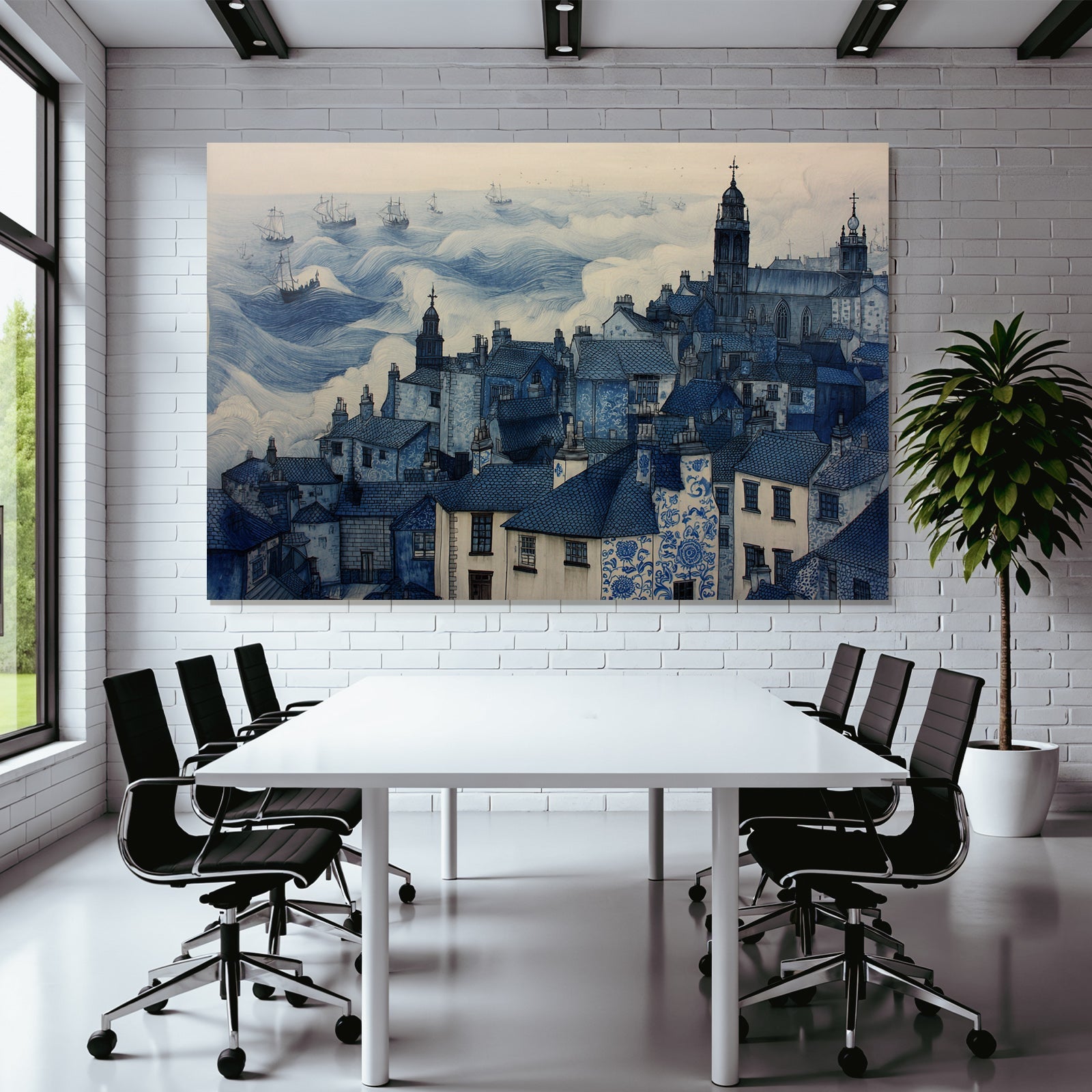 Blau Küstendorf Häuser Meer Schiffe Illustration Blautöne