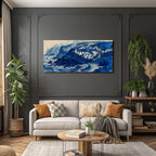 Blau Küstenlandschaft Mit Häusern Und Turbulenten Wellen