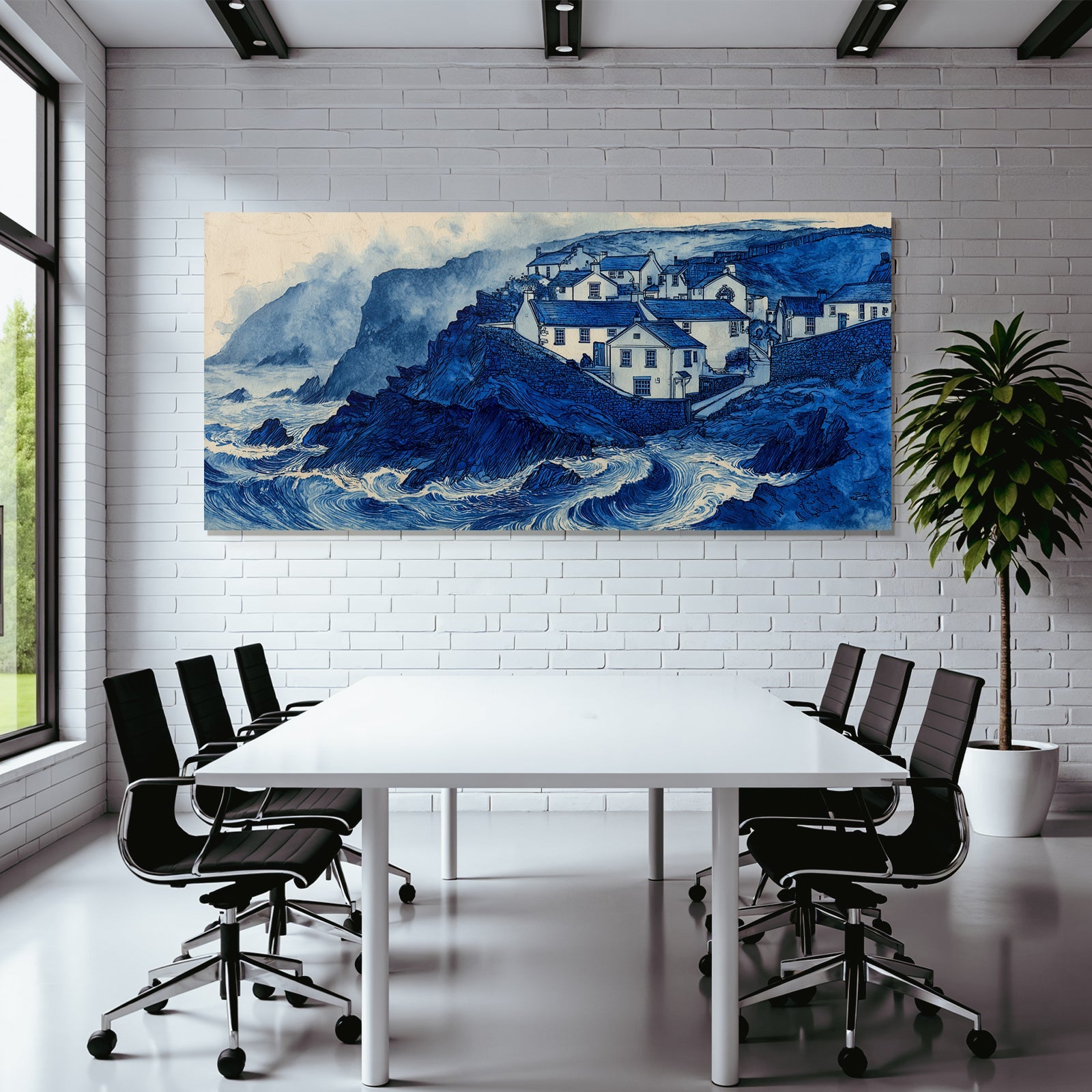 Blau Küstenlandschaft Mit Häusern Und Turbulenten Wellen