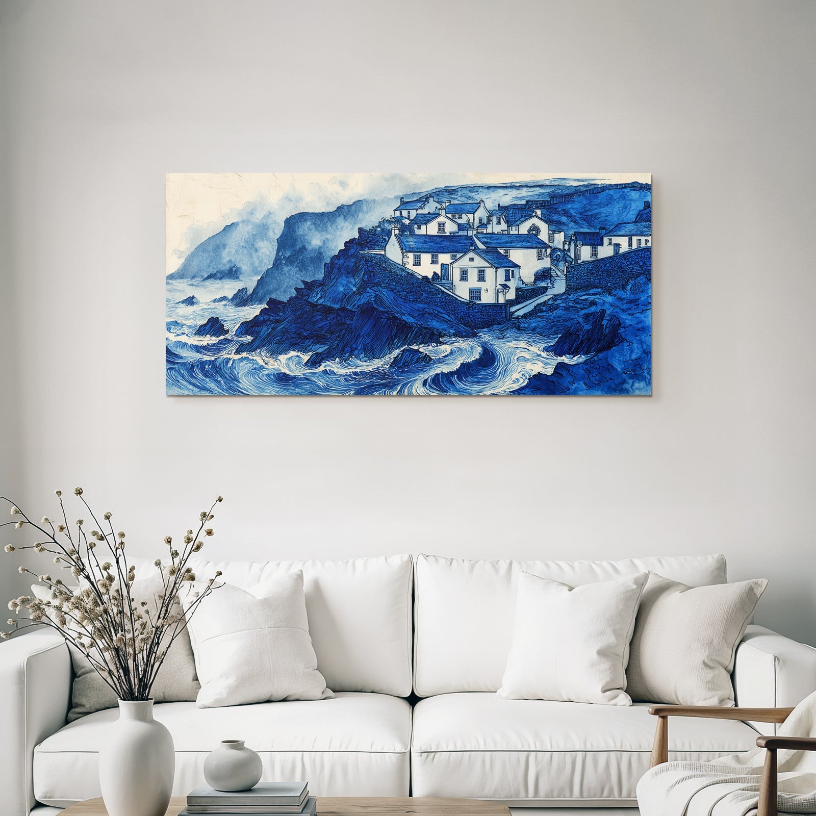 Blau Küstenlandschaft Mit Häusern Und Turbulenten Wellen