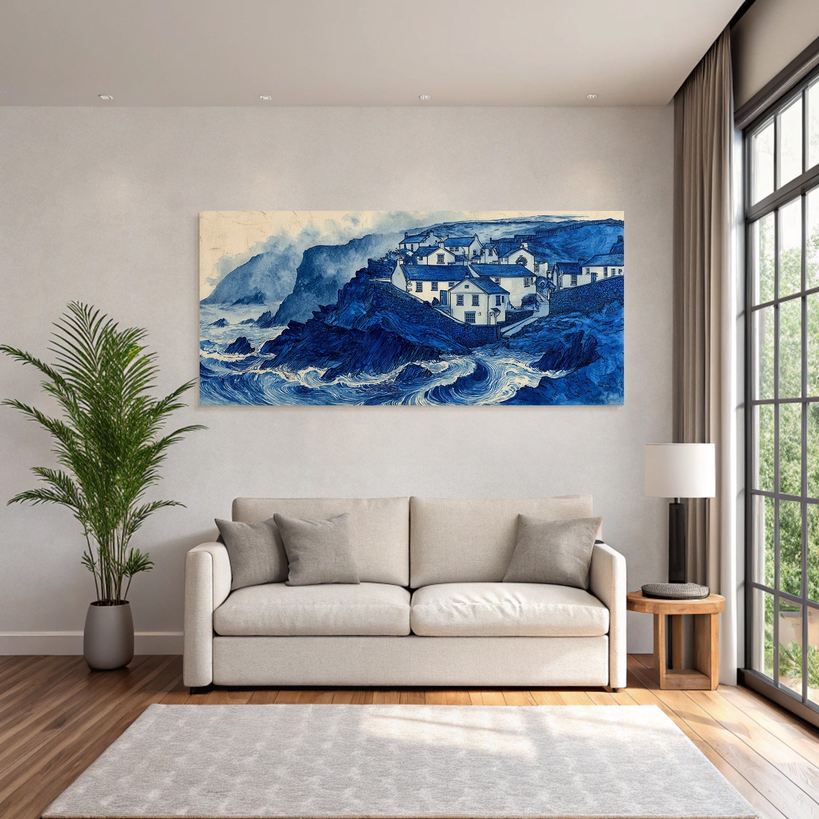 Blau Küstenlandschaft Mit Häusern Und Turbulenten Wellen