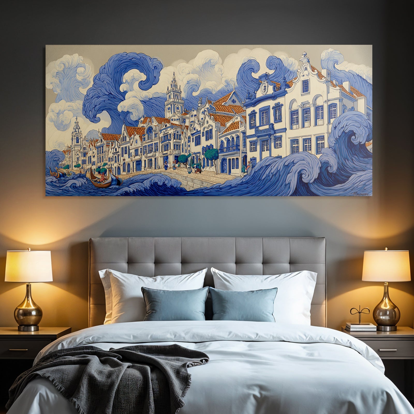 Blau Küstenlandschaft Mit Wellen Und Architektur