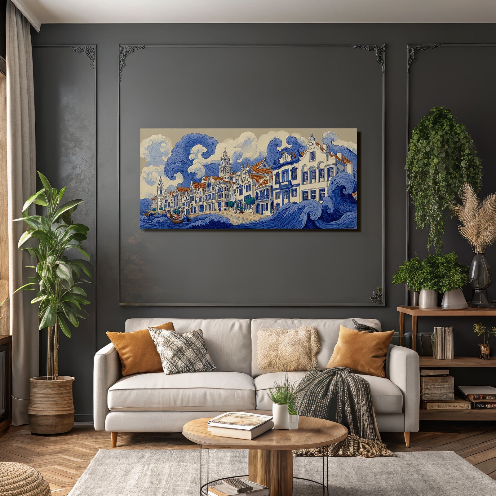Blau Küstenlandschaft Mit Wellen Und Architektur