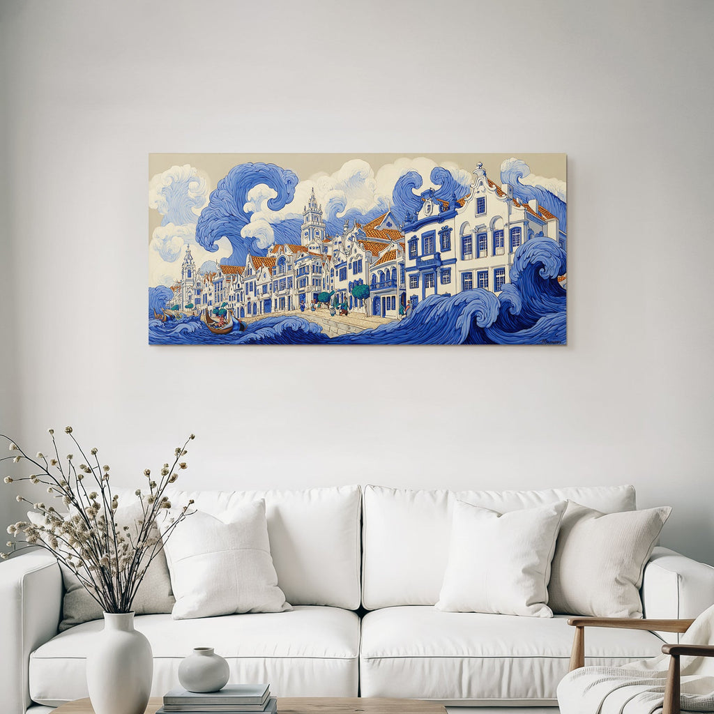 Blau Küstenlandschaft Mit Wellen Und Architektur