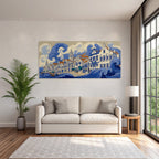 Blau Küstenlandschaft Mit Wellen Und Architektur