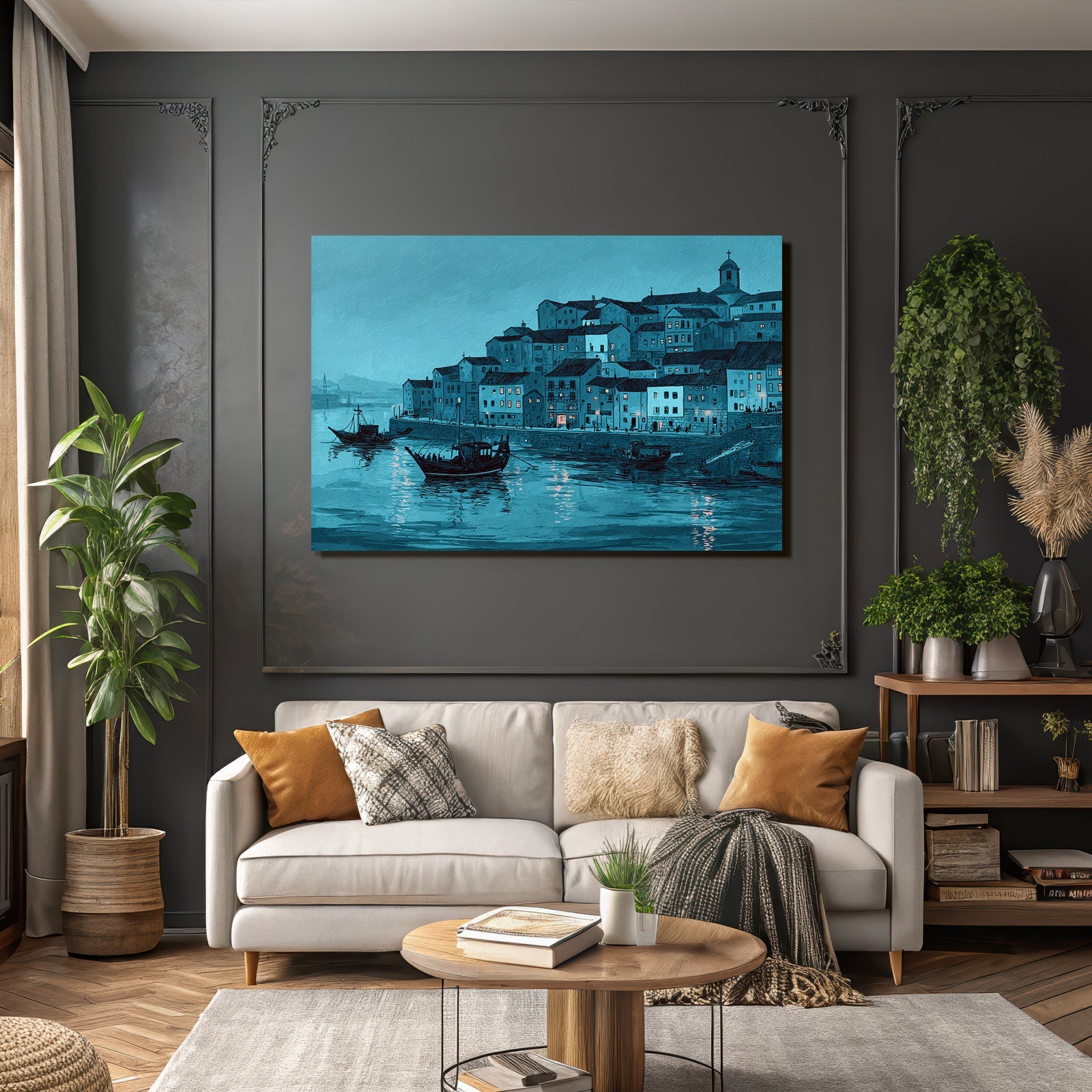 Blau Küstenstadt Hafen Szenen Blau Ton Mood Illustration