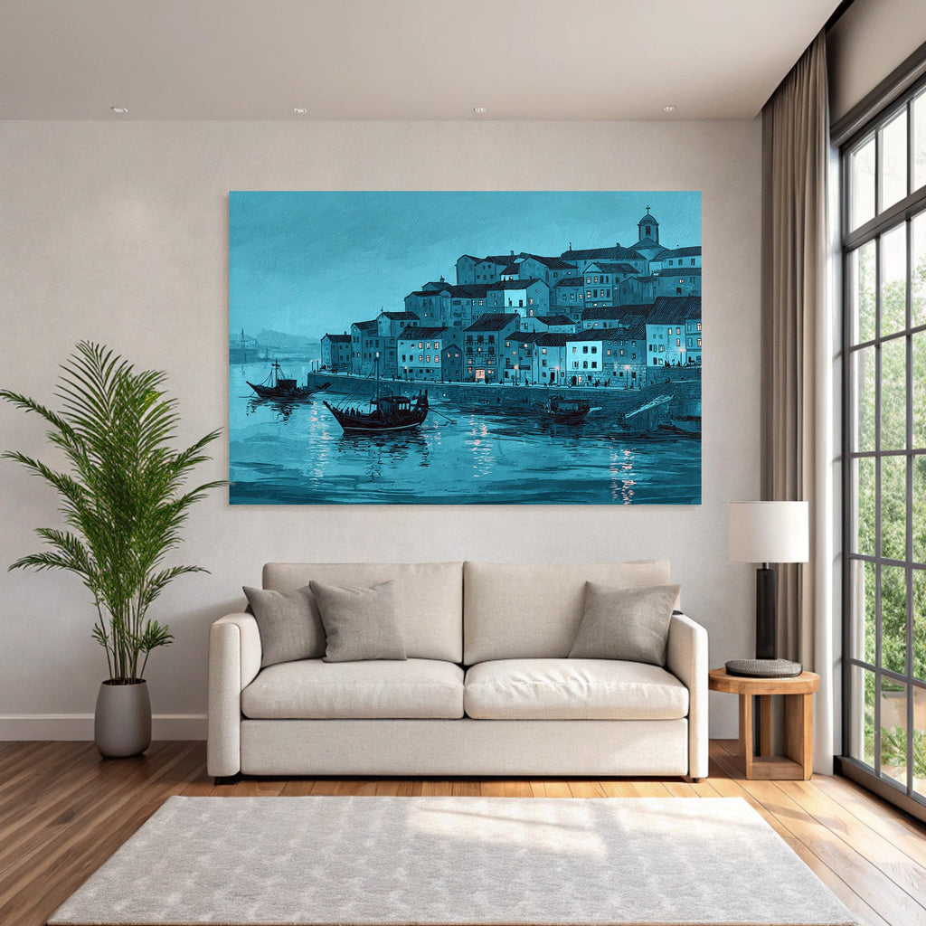 Blau Küstenstadt Hafen Szenen Blau Ton Mood Illustration