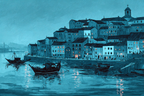 Blau Küstenstadt Hafen Szenen Blau Ton Mood Illustration | Petrol Maritim Delfter Blau | Farbenwelten