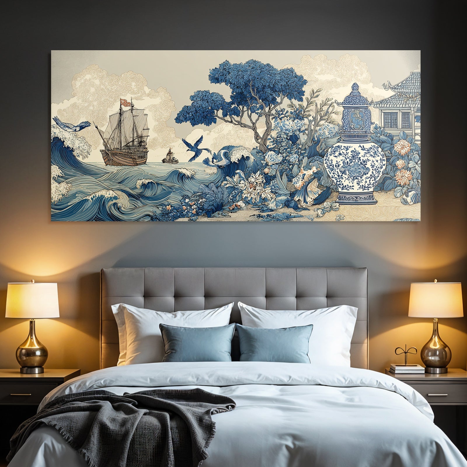 Blau Küstenszene Mit Schiff Und Krähen Blau Weiss Porcelainstil
