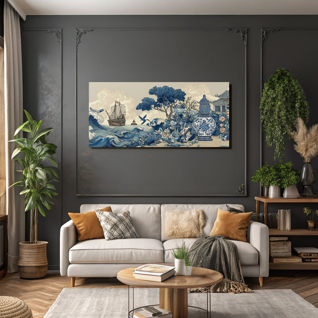 Blau Küstenszene Mit Schiff Und Krähen Blau Weiss Porcelainstil