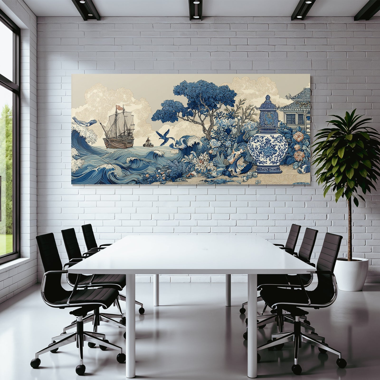 Blau Küstenszene Mit Schiff Und Krähen Blau Weiss Porcelainstil