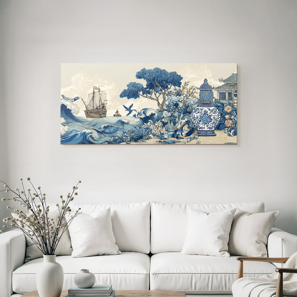Blau Küstenszene Mit Schiff Und Krähen Blau Weiss Porcelainstil