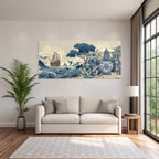 Blau Küstenszene Mit Schiff Und Krähen Blau Weiss Porcelainstil