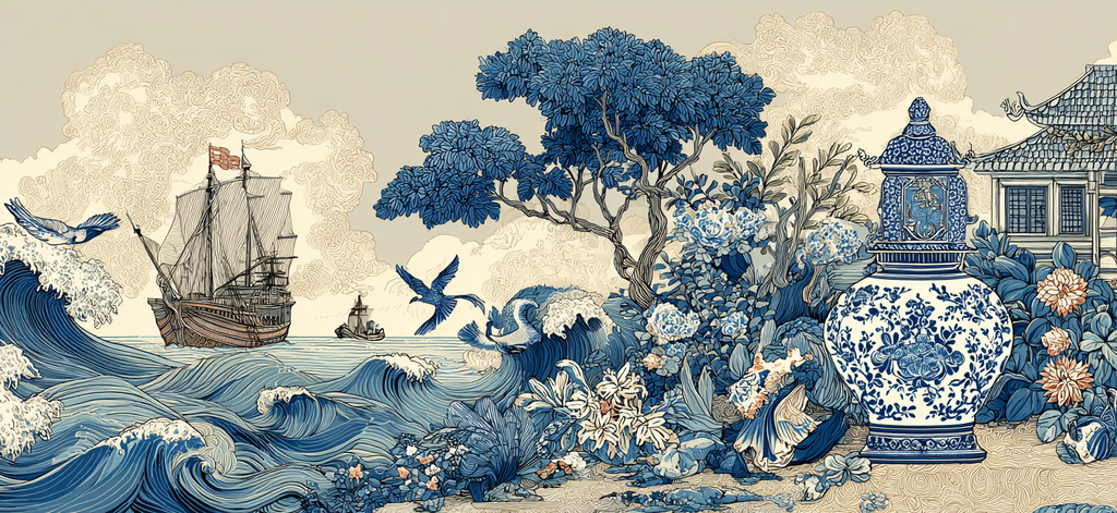 Blau Küstenszene Mit Schiff Und Krähen Blau Weiss Porcelainstil | Petrol Maritim Delfter Blau | Farbenwelten