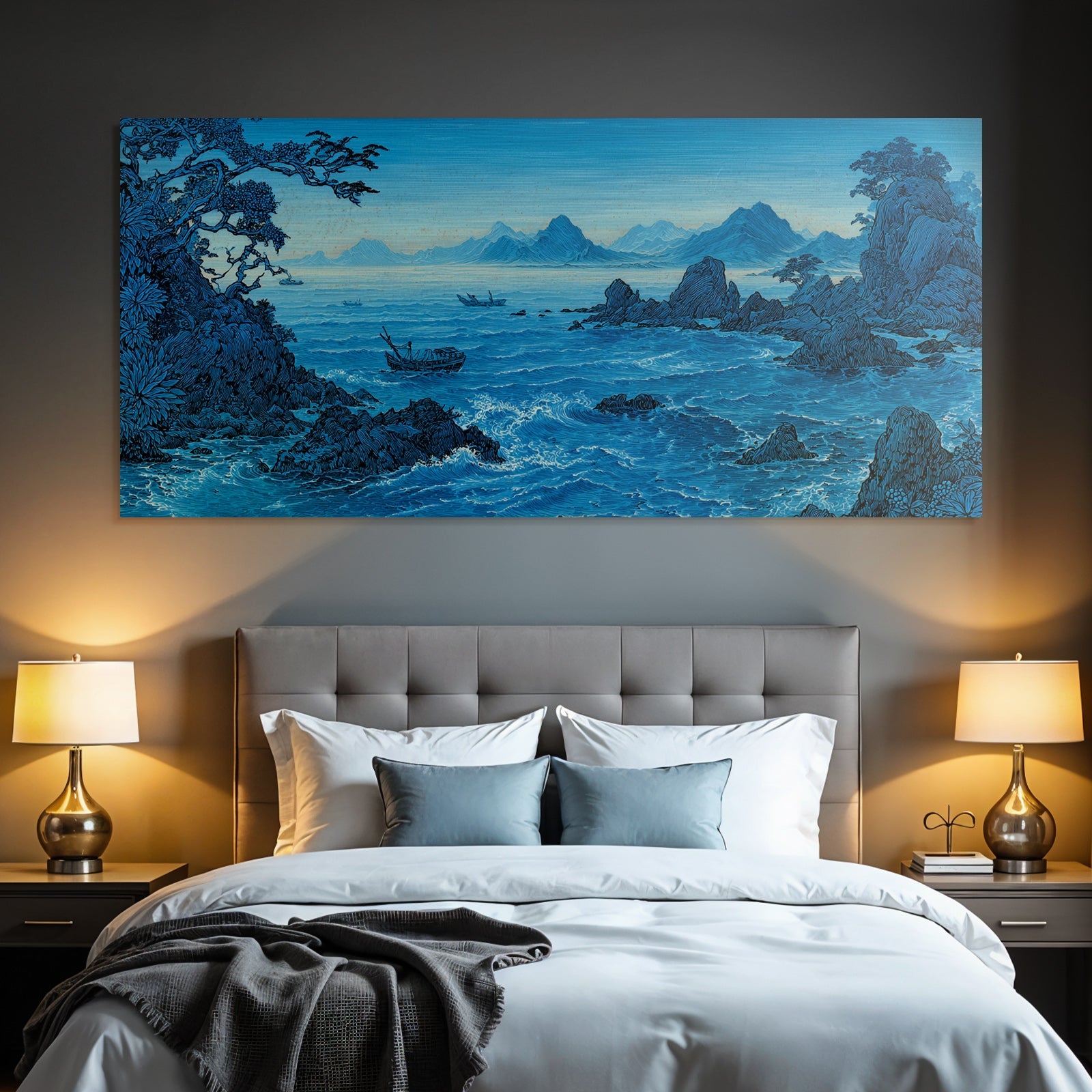 Blau Kustlandschaft Mit Wellen Felsen Bäumen Und Bergen