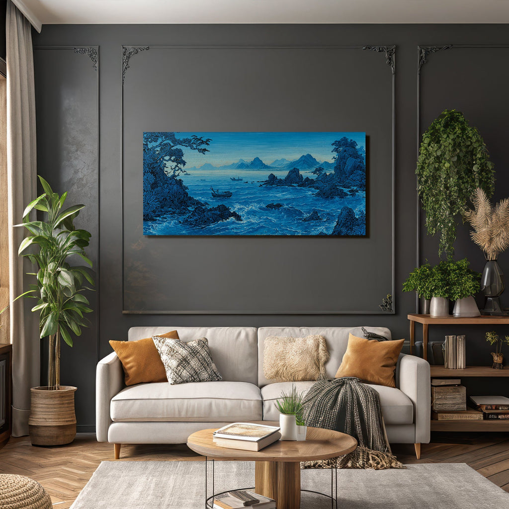 Blau Kustlandschaft Mit Wellen Felsen Bäumen Und Bergen