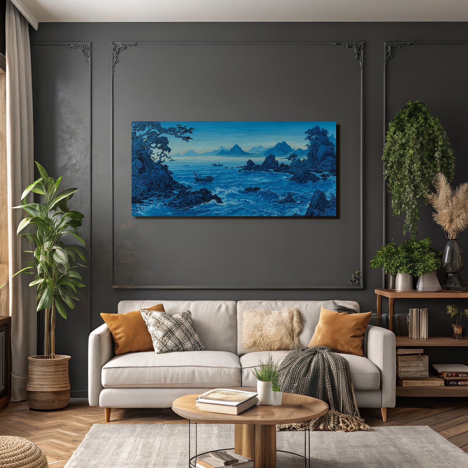 Blau Kustlandschaft Mit Wellen Felsen Bäumen Und Bergen