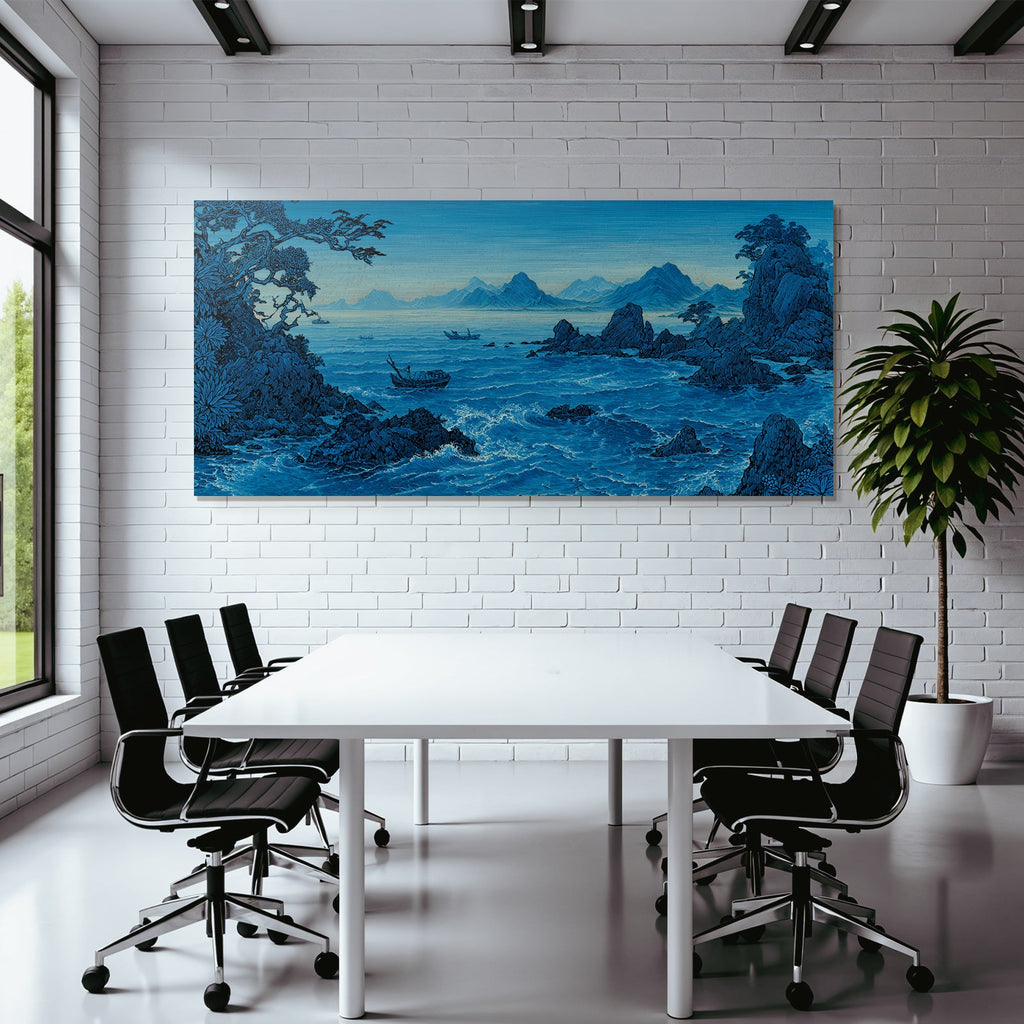 Blau Kustlandschaft Mit Wellen Felsen Bäumen Und Bergen