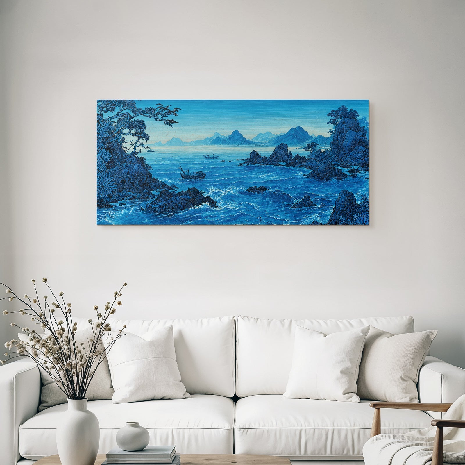 Blau Kustlandschaft Mit Wellen Felsen Bäumen Und Bergen