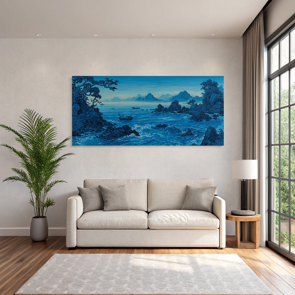 Blau Kustlandschaft Mit Wellen Felsen Bäumen Und Bergen