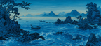 Blau Kustlandschaft Mit Wellen Felsen Bäumen Und Bergen | Petrol Maritim Delfter Blau | Farbenwelten