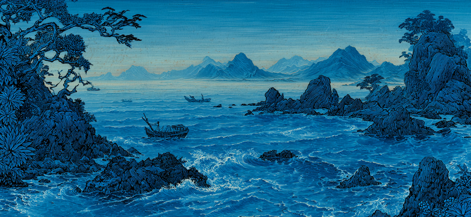 Blau Kustlandschaft Mit Wellen Felsen Bäumen Und Bergen | Petrol Maritim Delfter Blau | Farbenwelten