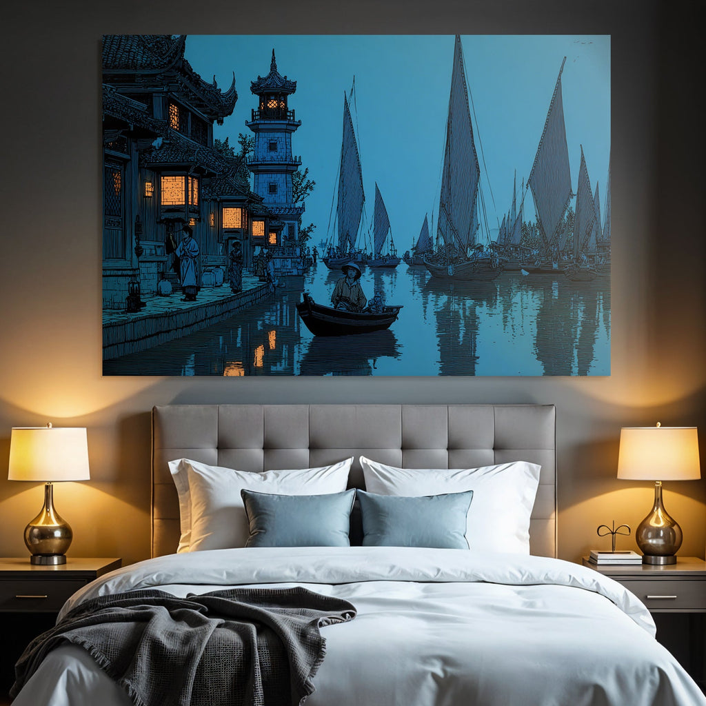 Blau Nackte Nachtansicht Traditionelles Asian Dorf Am Fluss