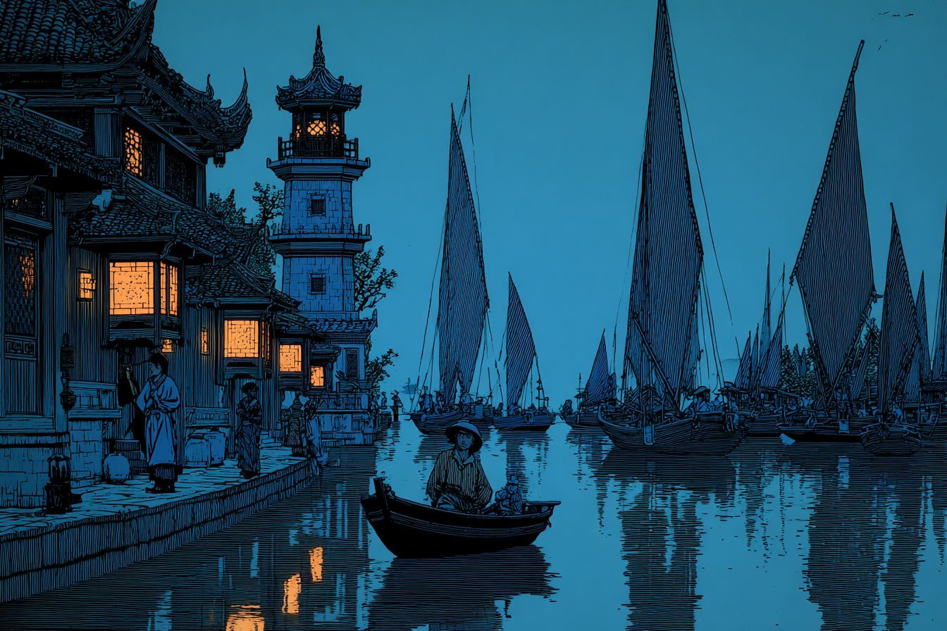 Blau Nackte Nachtansicht Traditionelles Asian Dorf Am Fluss | Petrol Maritim Delfter Blau | Farbenwelten