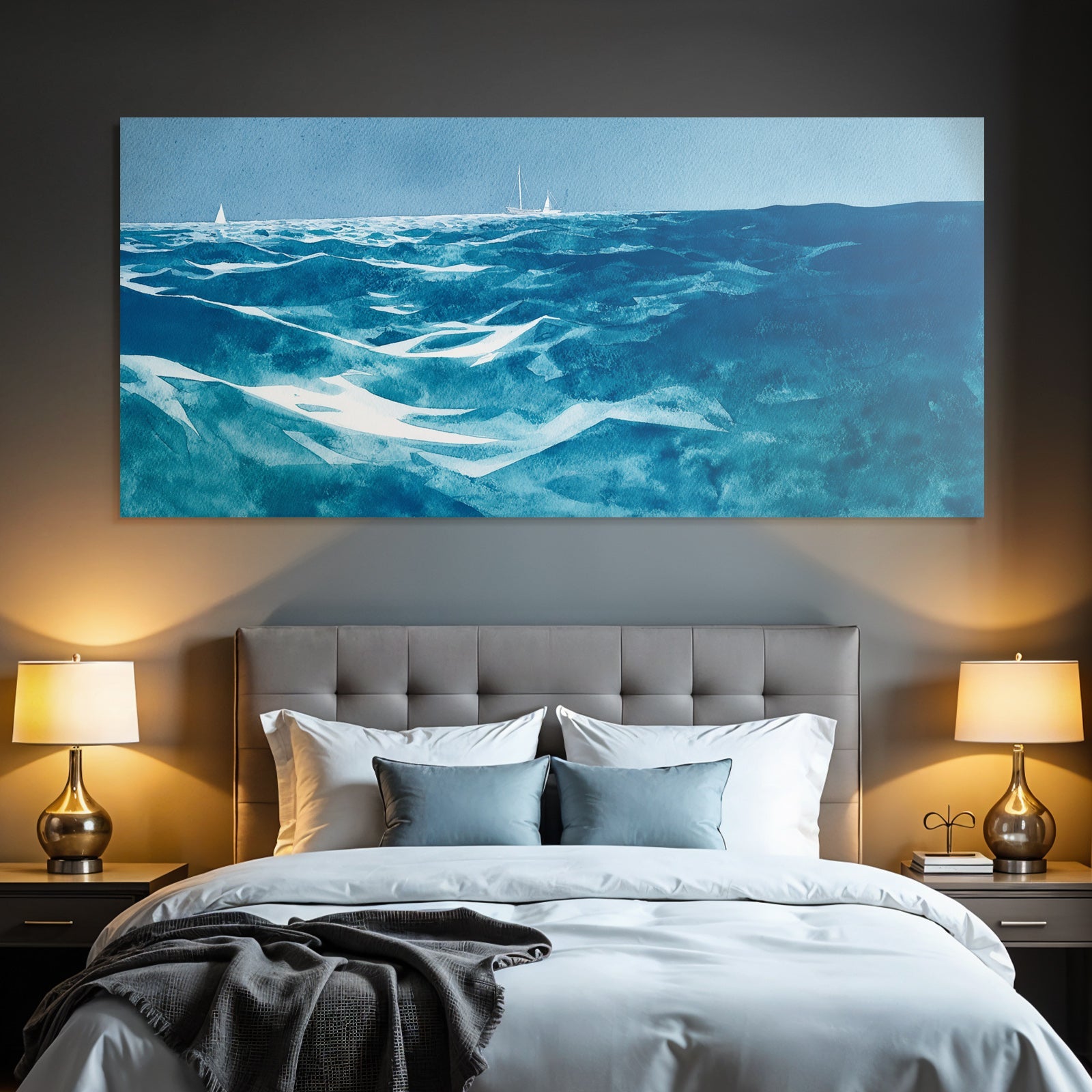 Blau Ocean Aquarell Schiffe Himmel Ruhige Szene