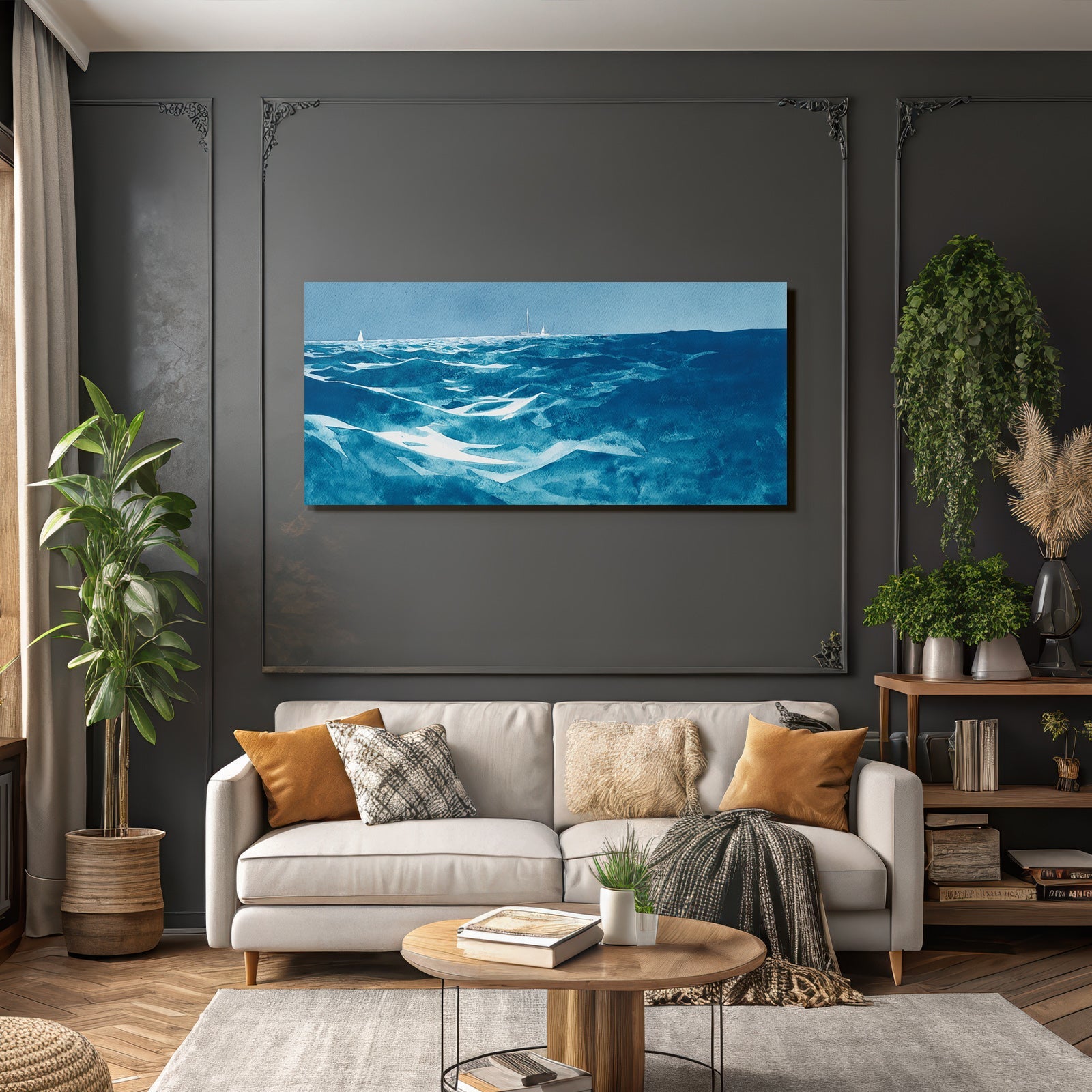 Blau Ocean Aquarell Schiffe Himmel Ruhige Szene