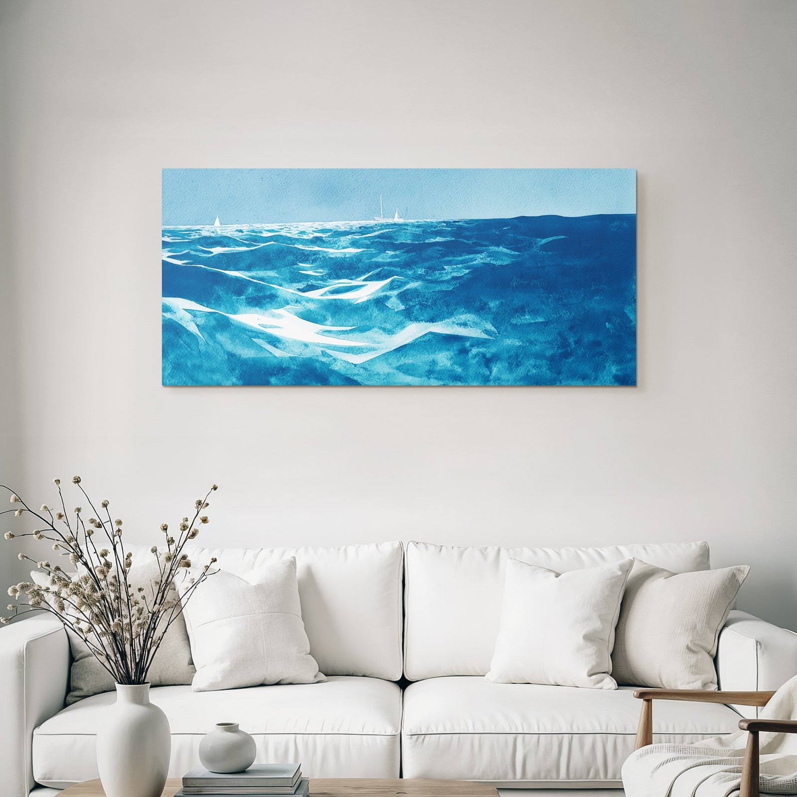 Blau Ocean Aquarell Schiffe Himmel Ruhige Szene