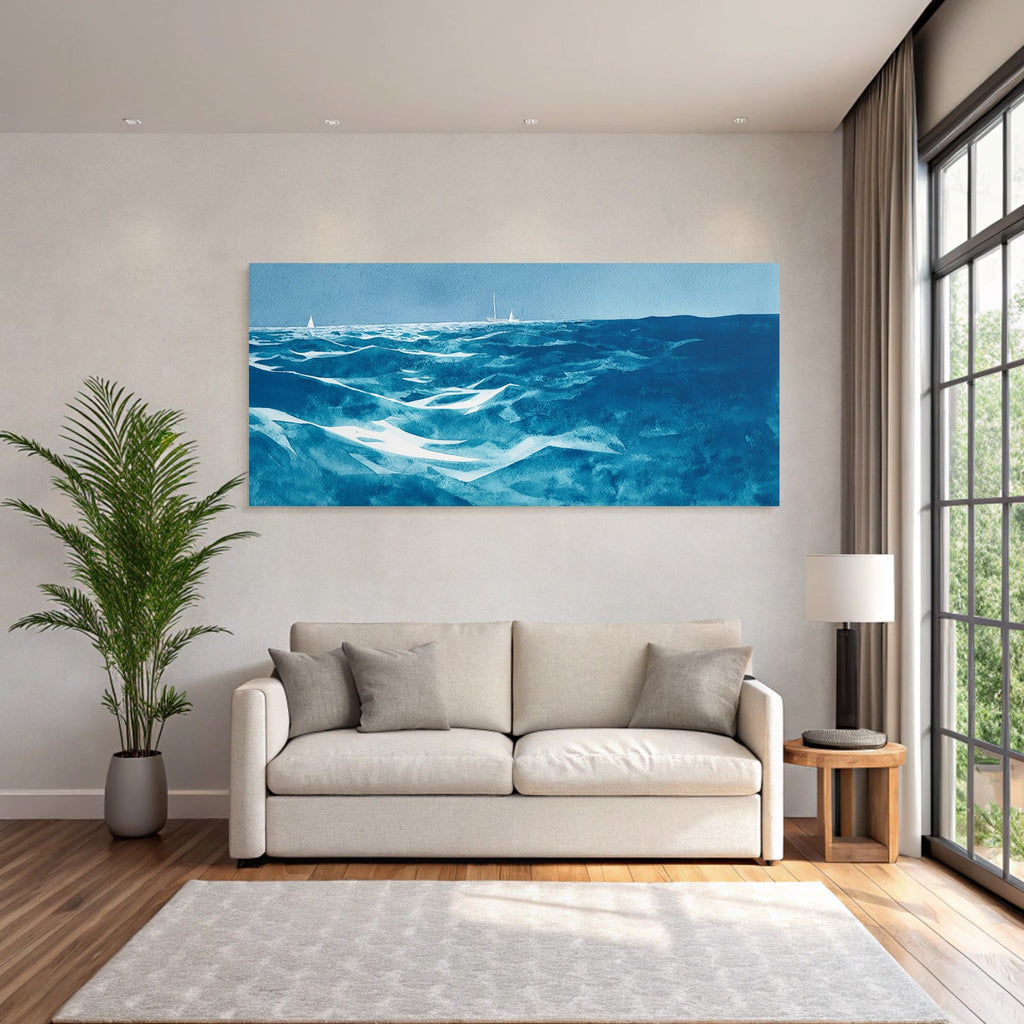 Blau Ocean Aquarell Schiffe Himmel Ruhige Szene