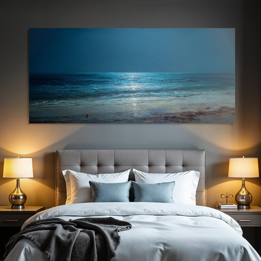 Blau Ruhige Meerlandschaft Mondlicht Nachtszene Ölbild