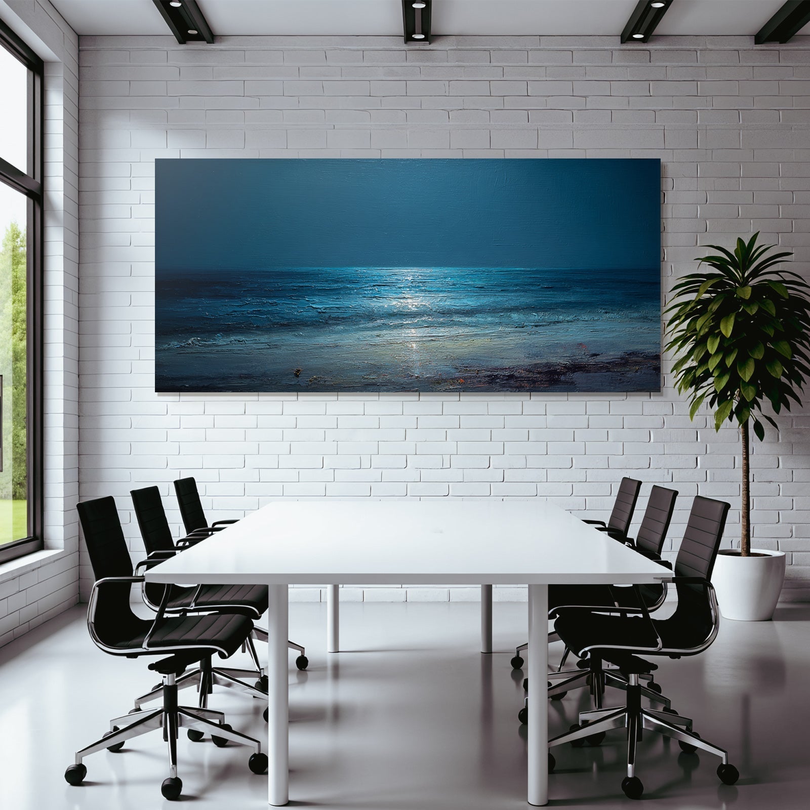Blau Ruhige Meerlandschaft Mondlicht Nachtszene Ölbild