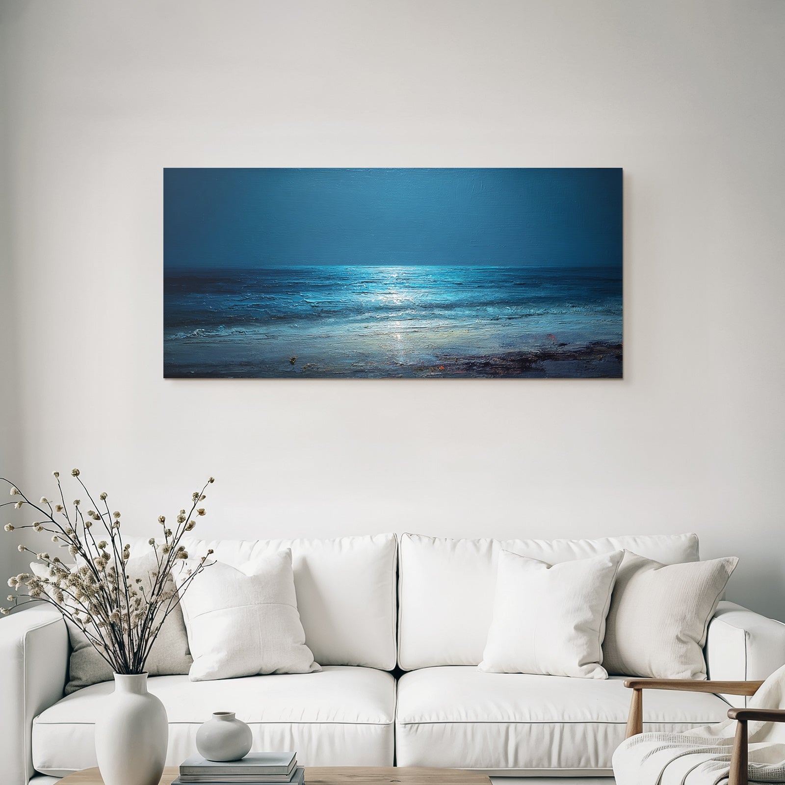 Blau Ruhige Meerlandschaft Mondlicht Nachtszene Ölbild
